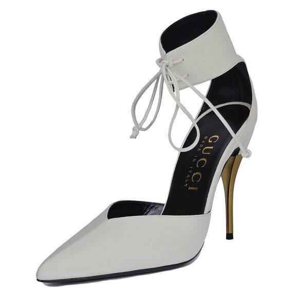 GUCCI SHOES PUMPS WITH ANKLE CUFF GOLD HIGH HEEL WHITE LEATHER sz 41.5 11.5 - Picture 9 of 15
